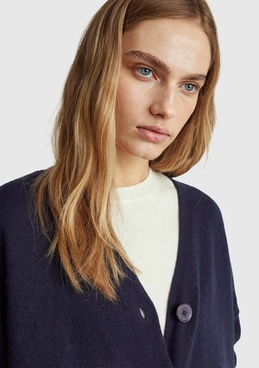  Kadın Lacivert Yün ve Viskoz Karışımlı Ribana Detaylı Düğmeli Hırka