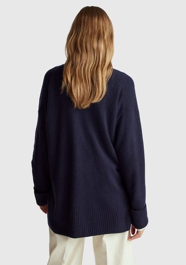  Kadın Lacivert Yün ve Viskoz Karışımlı Ribana Detaylı Düğmeli Hırka