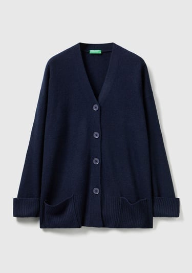  Kadın Lacivert Yün ve Viskoz Karışımlı Ribana Detaylı Düğmeli Hırka