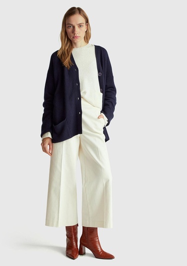  Kadın Lacivert Yün ve Viskoz Karışımlı Ribana Detaylı Düğmeli Hırka