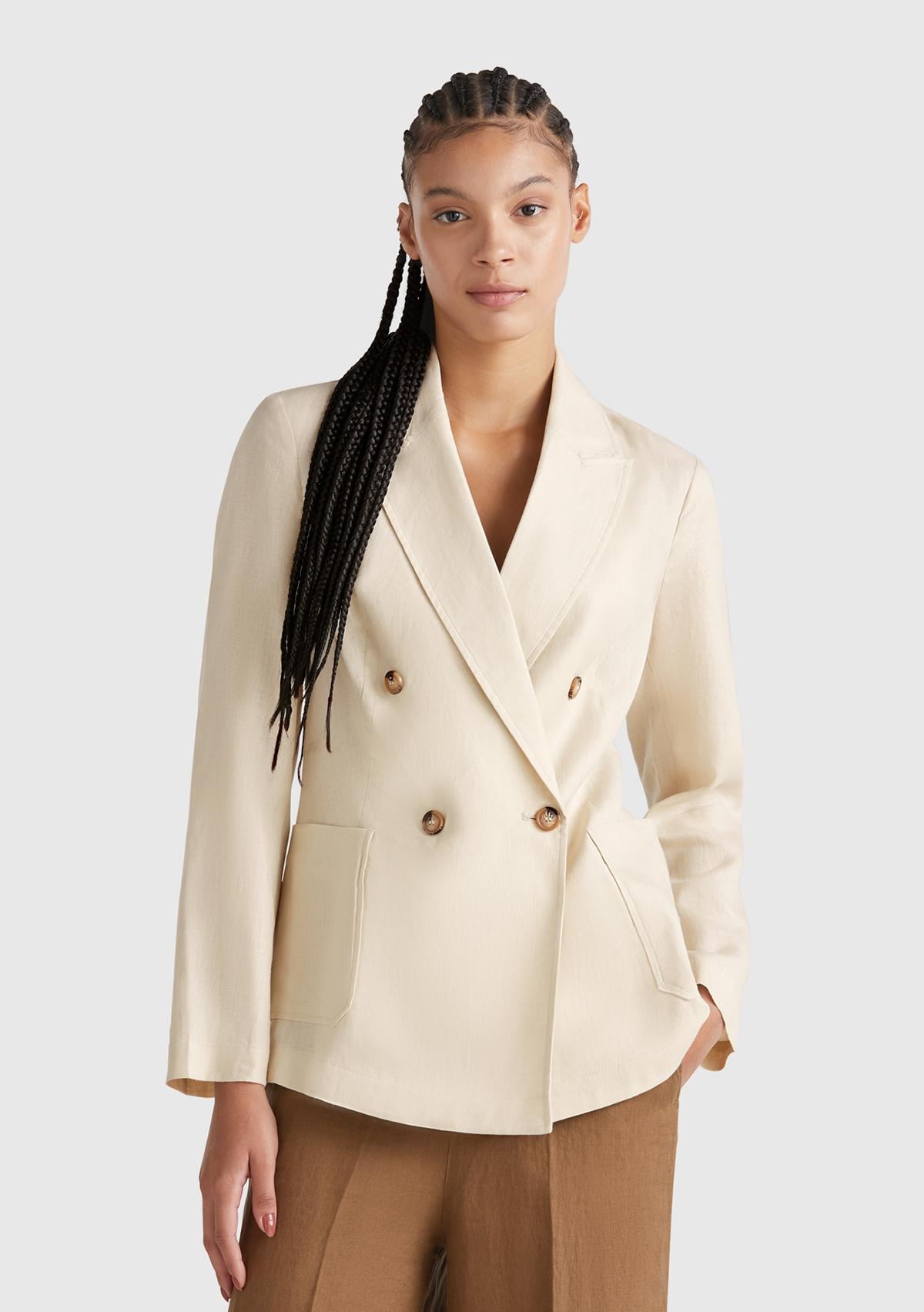  Kadın Taş Rengi %100 Keten Ceket