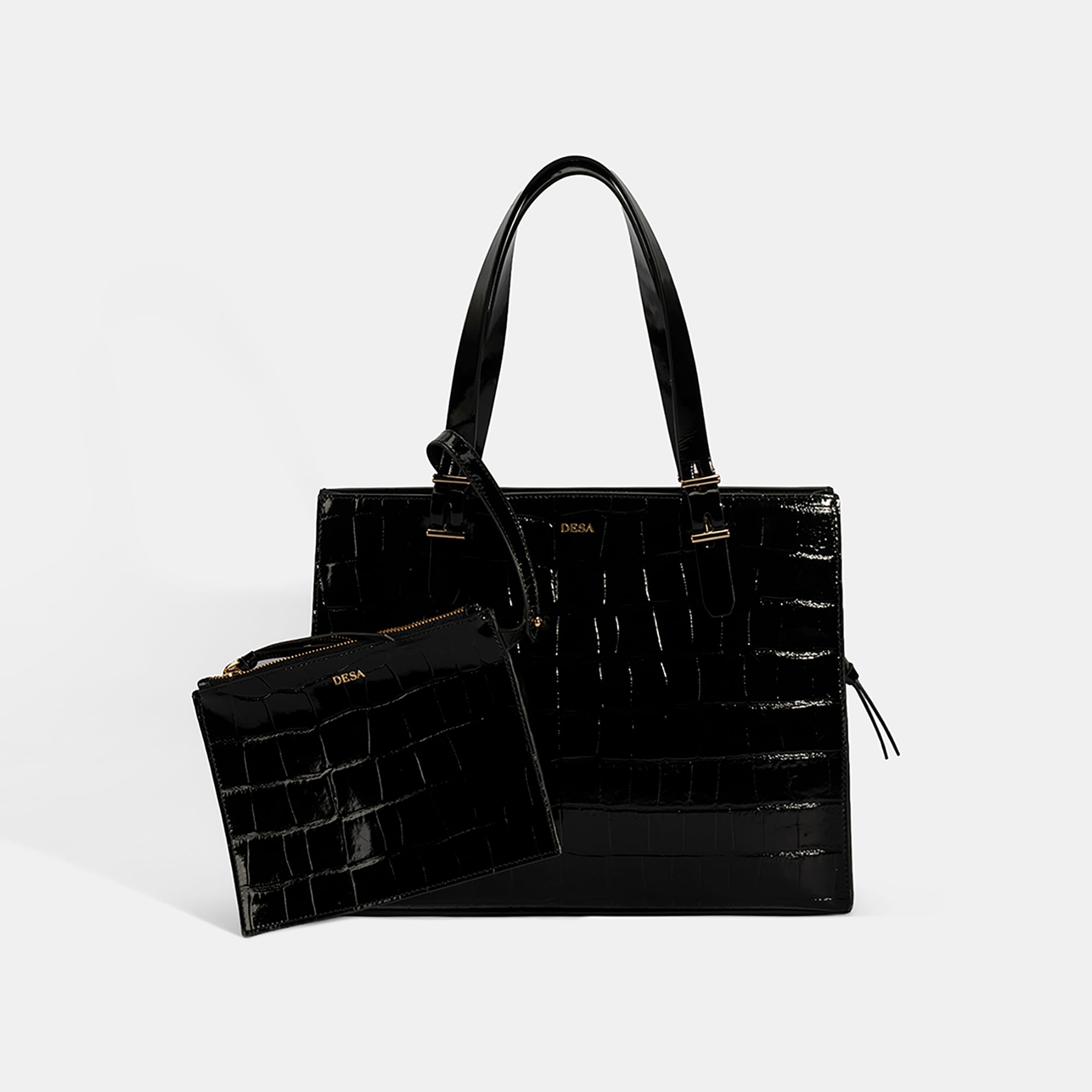 Kadın Siyah Kroko Baskılı Cüzdan Aksesuarlı Deri Omuz Çantası