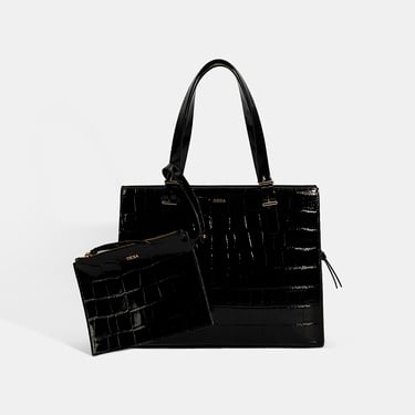  Kadın Siyah Kroko Baskılı Cüzdan Aksesuarlı Deri Omuz Çantası