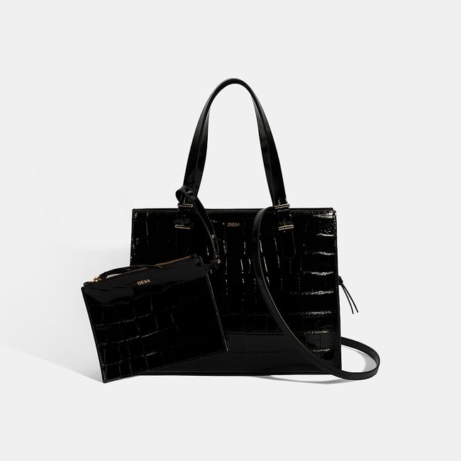  Kadın Siyah Kroko Baskılı Cüzdan Aksesuarlı Deri Omuz Çantası