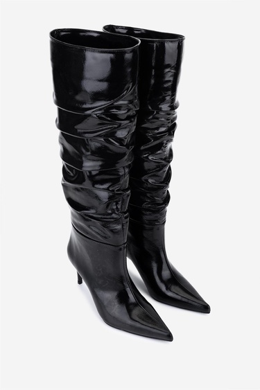  Valmenti Kadın Hakiki Deri Siyah Kırışık Rugan Topuklu Çizme