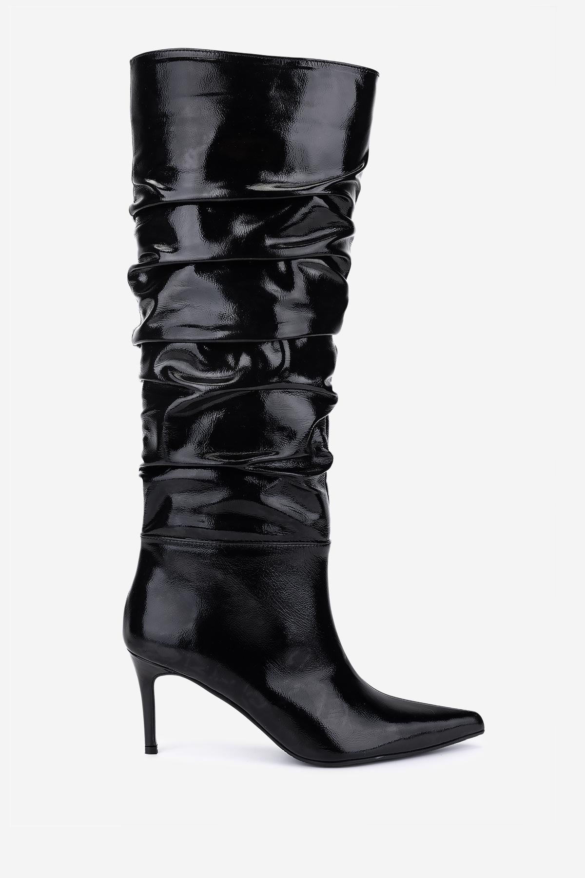  Valmenti Kadın Hakiki Deri Siyah Kırışık Rugan Topuklu Çizme