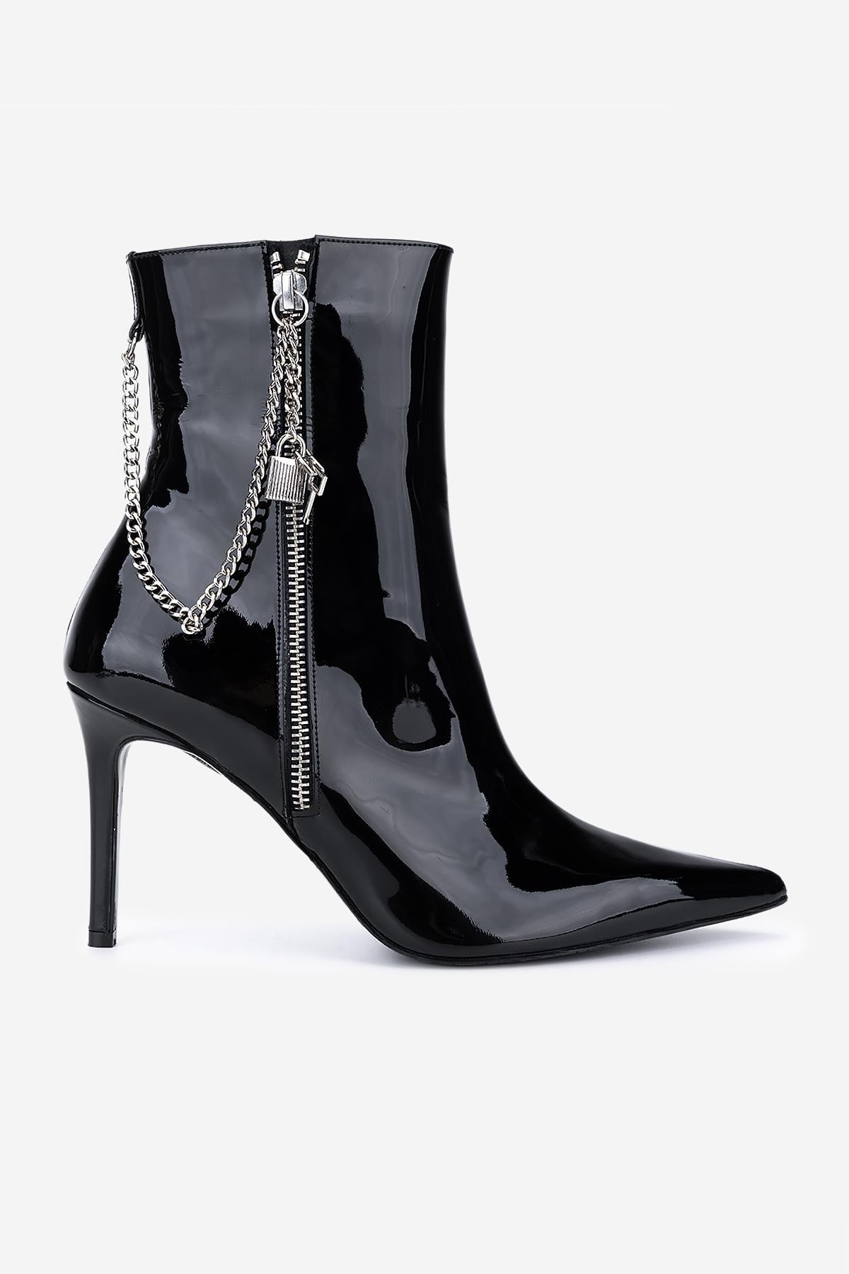  Valmenti Kadın Hakiki Deri Siyah Rugan Topuklu Bot