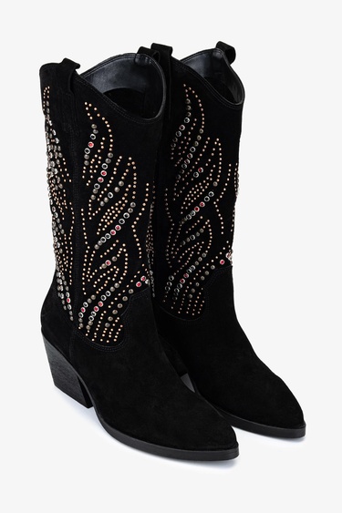  Valmenti Kadın Hakiki Deri Siyah Süet Western Bot