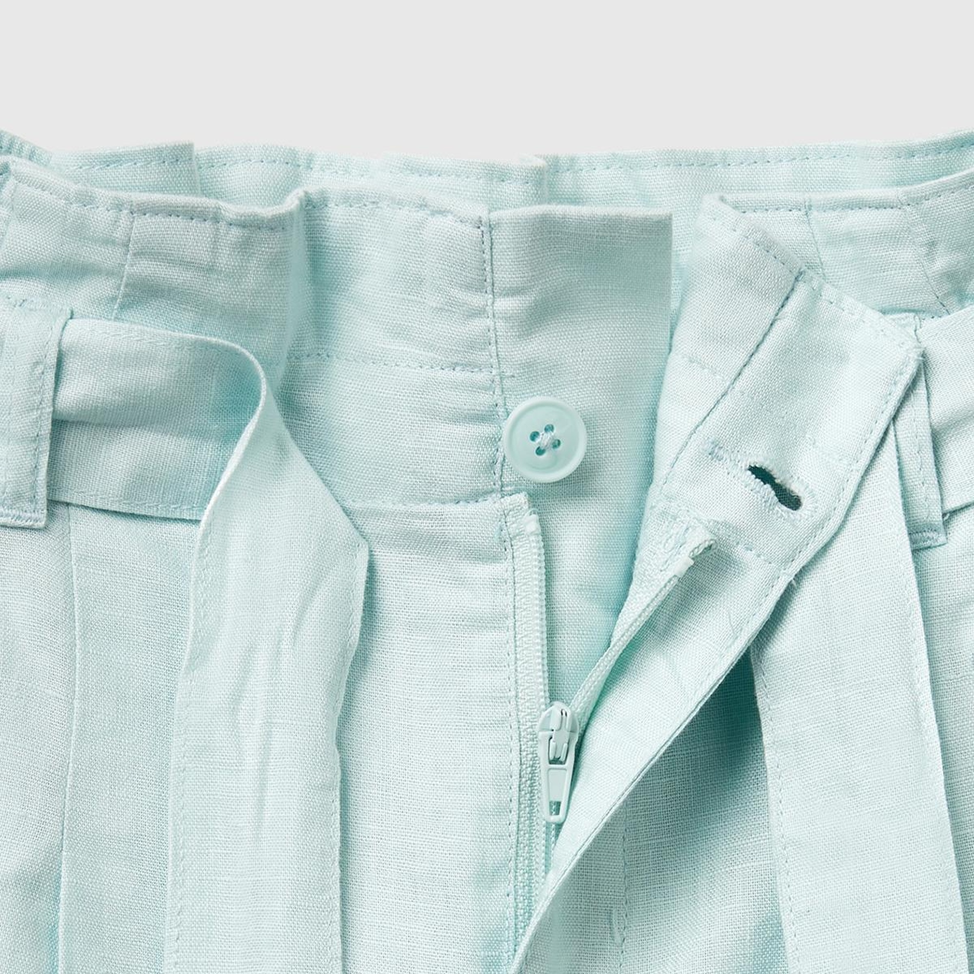 Kız Çocuk Su Yeşili Keten Karışımlı Beli Kuşaklı Wide Fit Bermuda Şort