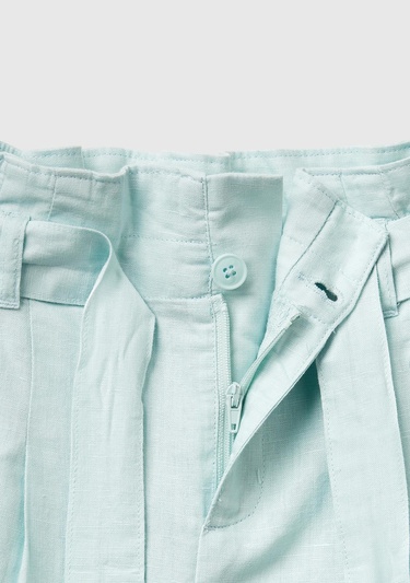  Kız Çocuk Su Yeşili Keten Karışımlı Beli Kuşaklı Wide Fit Bermuda Şort