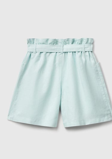  Kız Çocuk Su Yeşili Keten Karışımlı Beli Kuşaklı Wide Fit Bermuda Şort