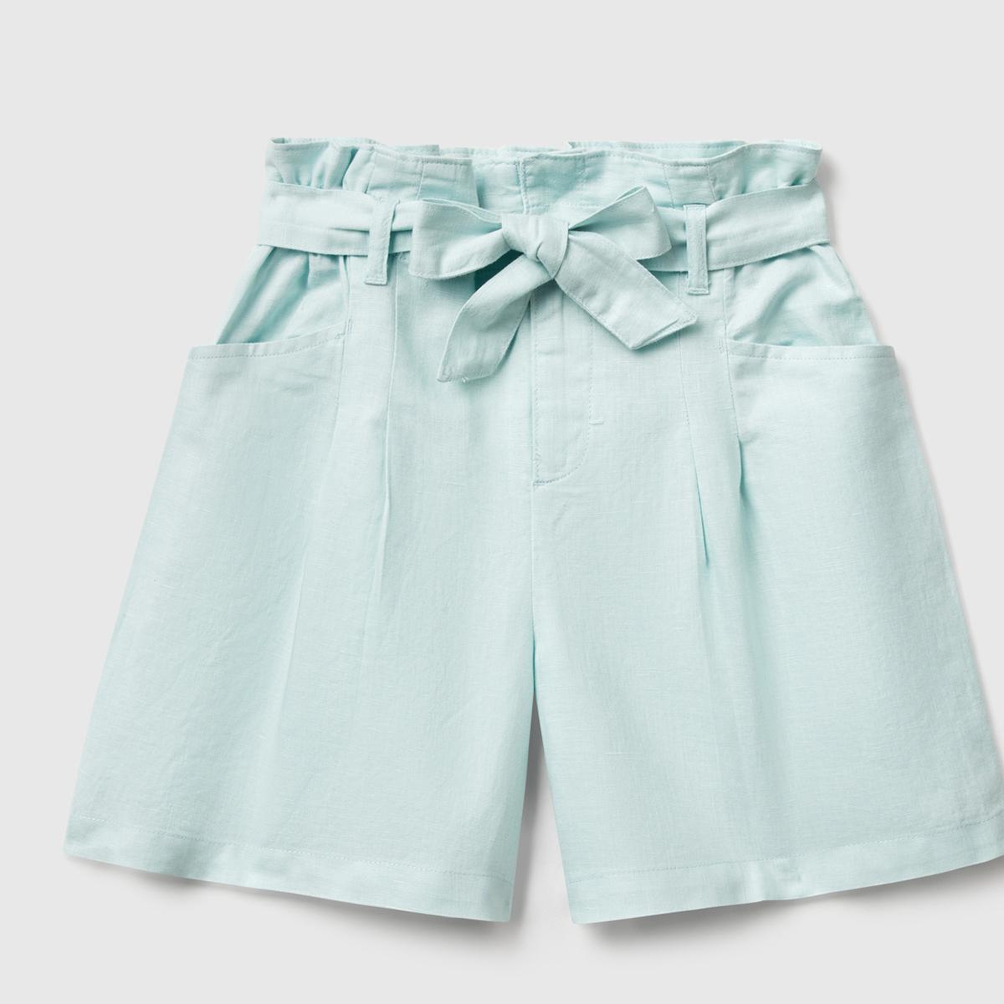 Kız Çocuk Su Yeşili Keten Karışımlı Beli Kuşaklı Wide Fit Bermuda Şort