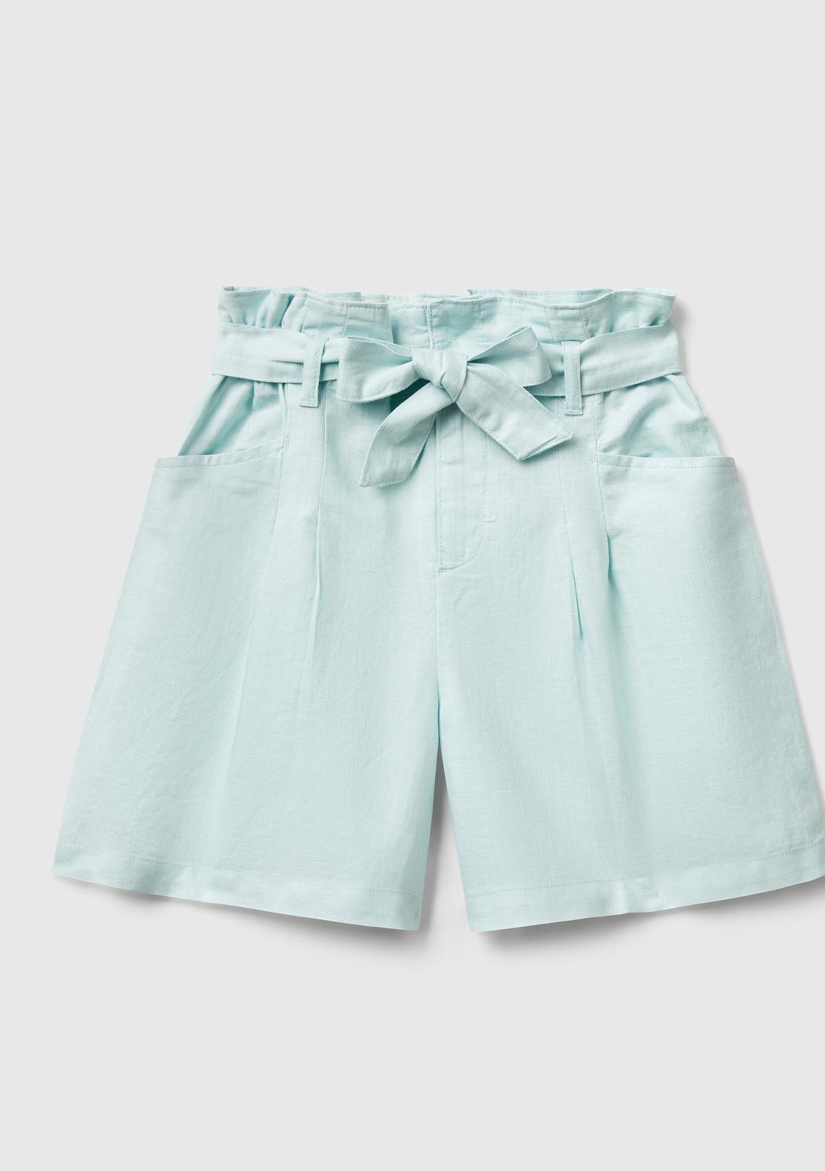  Kız Çocuk Su Yeşili Keten Karışımlı Beli Kuşaklı Wide Fit Bermuda Şort