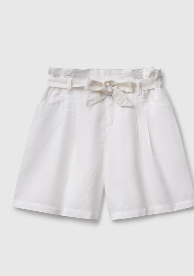  Kız Çocuk Beyaz Keten Karışımlı Beli Kuşaklı Wide Fit Bermuda Şort