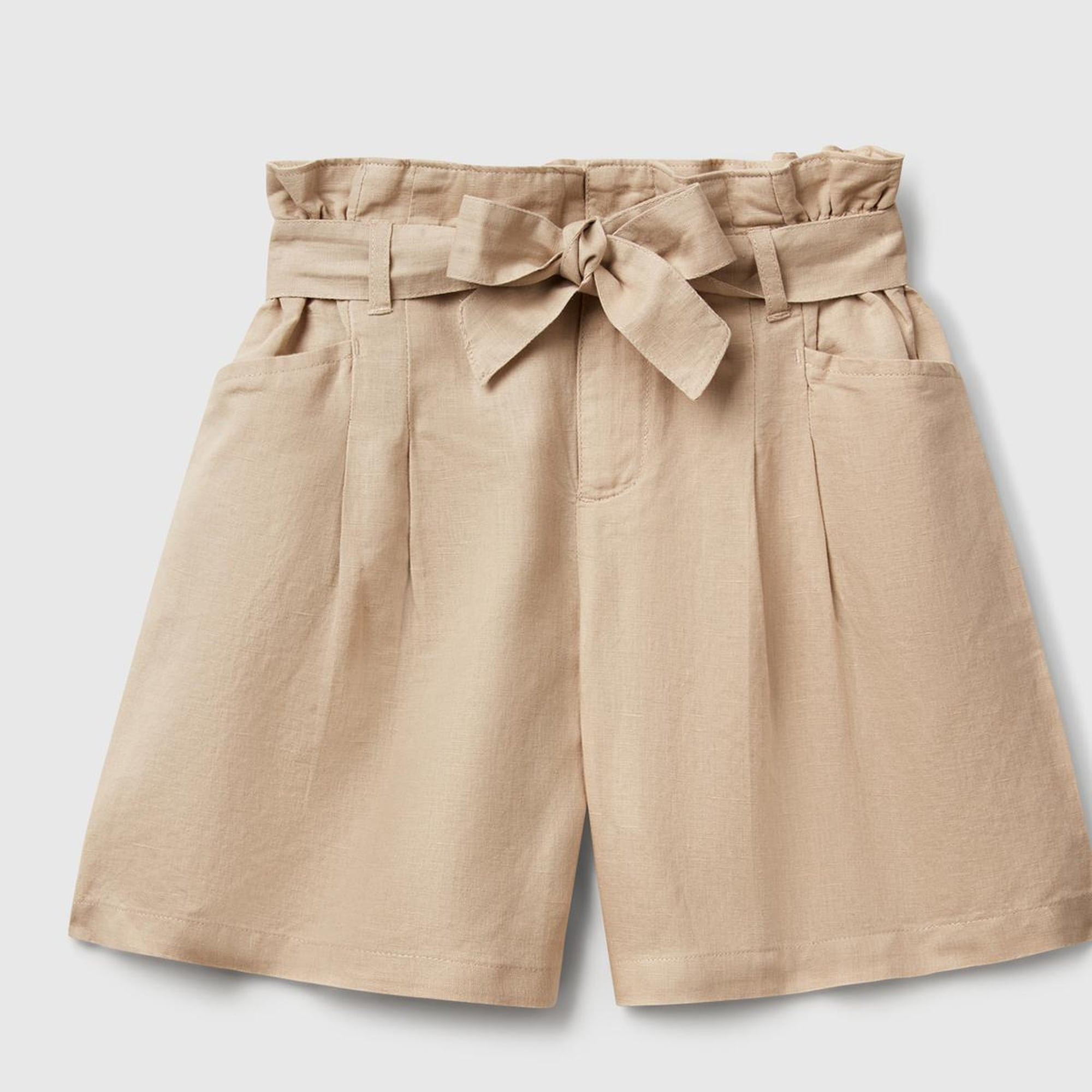 Kız Çocuk Bej Keten Karışımlı Beli Kuşaklı Wide Fit Bermuda Şort
