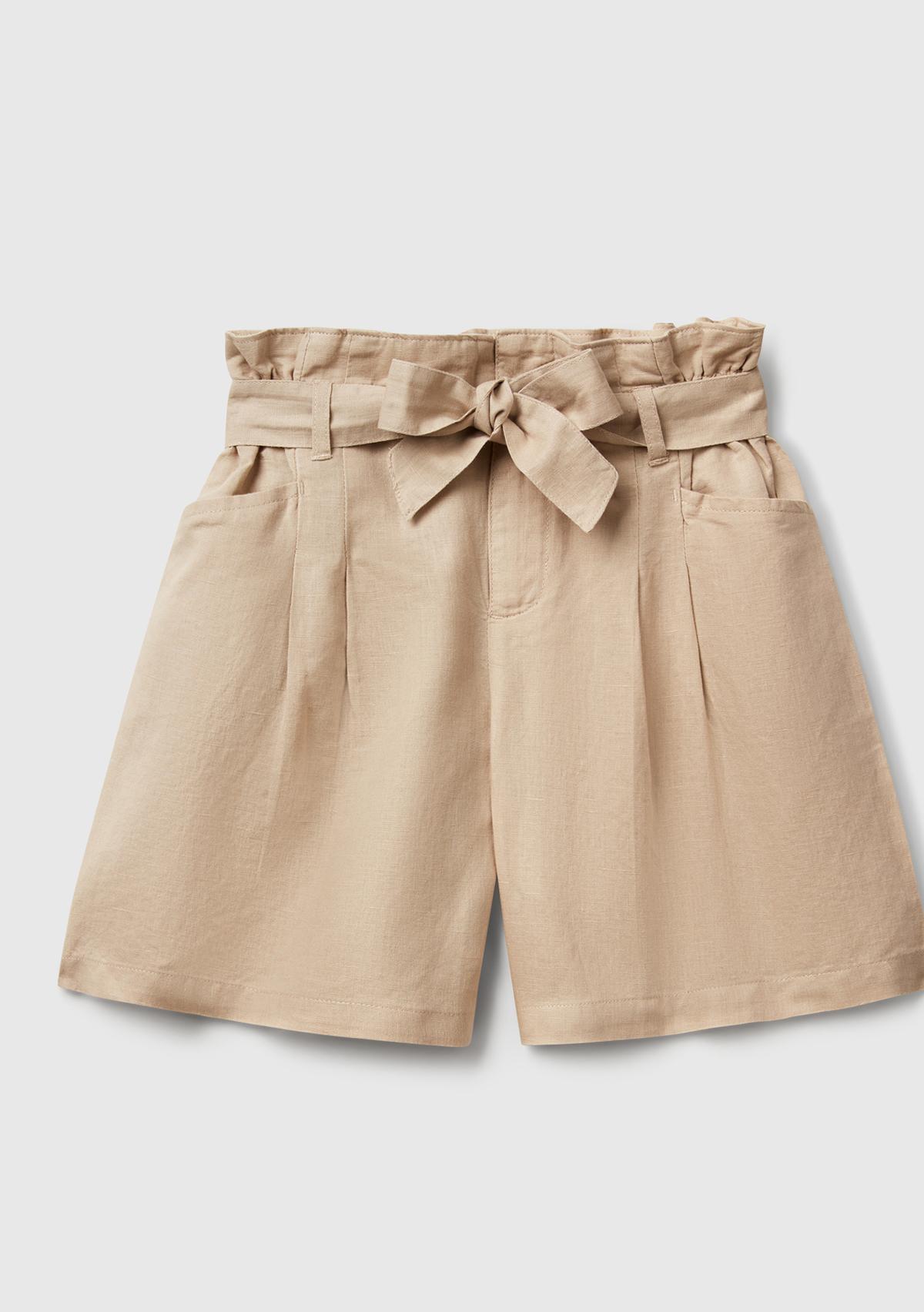  Kız Çocuk Bej Keten Karışımlı Beli Kuşaklı Wide Fit Bermuda Şort
