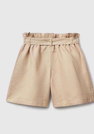  Kız Çocuk Bej Keten Karışımlı Beli Kuşaklı Wide Fit Bermuda Şort