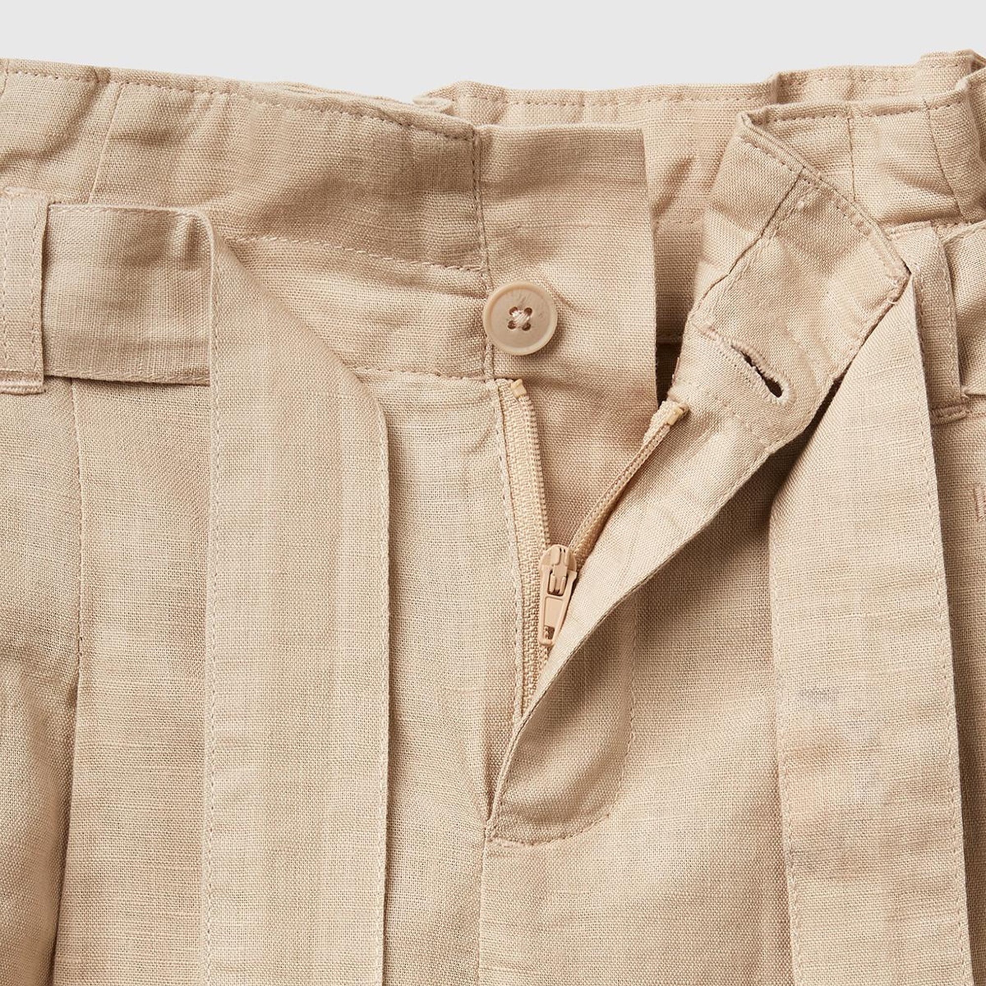 Kız Çocuk Bej Keten Karışımlı Beli Kuşaklı Wide Fit Bermuda Şort