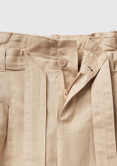  Kız Çocuk Bej Keten Karışımlı Beli Kuşaklı Wide Fit Bermuda Şort
