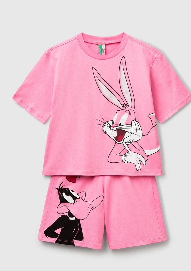  Kız Çocuk Pembe Looney Tunes Baskılı T-Shirt ve Şort Pijama Takımı