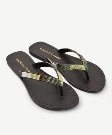  Boncuk İşlemeli Parmak Arası Deri Terlik