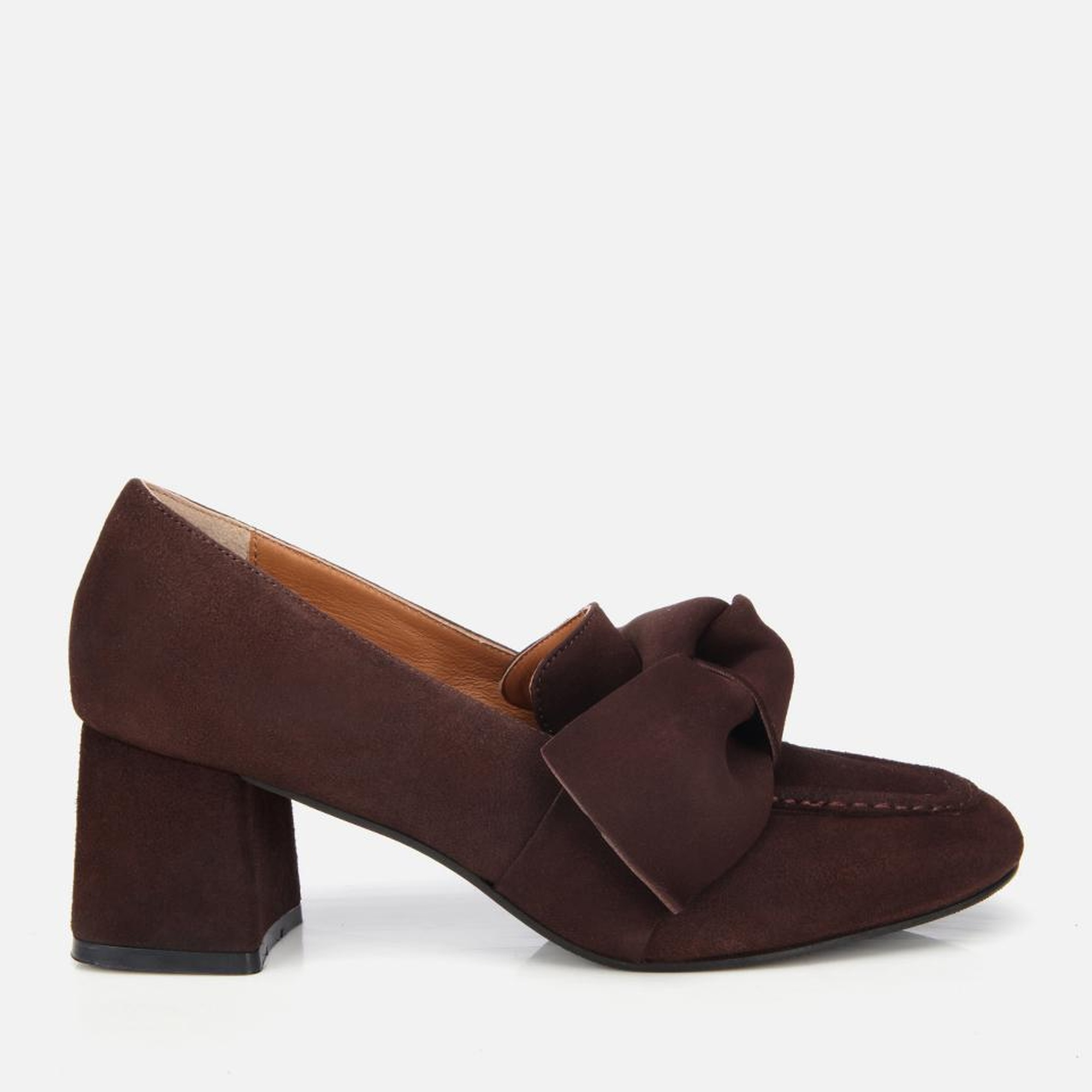 Kadın Süet Kahverengi Fiyonk Detaylı Kalın Topuklu Ayakkabı