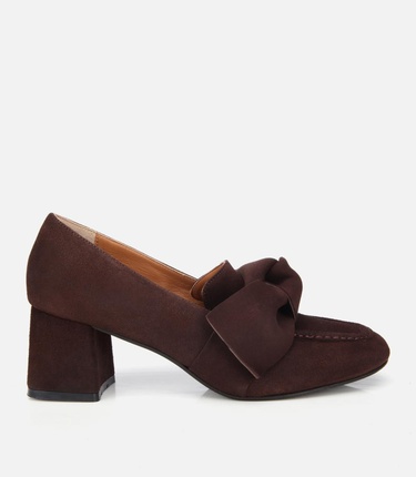  Kadın Süet Kahverengi Fiyonk Detaylı Kalın Topuklu Ayakkabı