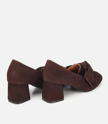  Kadın Süet Kahverengi Fiyonk Detaylı Kalın Topuklu Ayakkabı