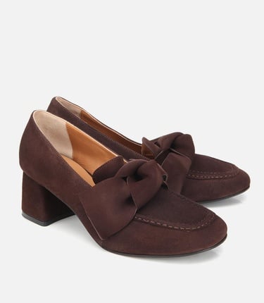  Kadın Süet Kahverengi Fiyonk Detaylı Kalın Topuklu Ayakkabı