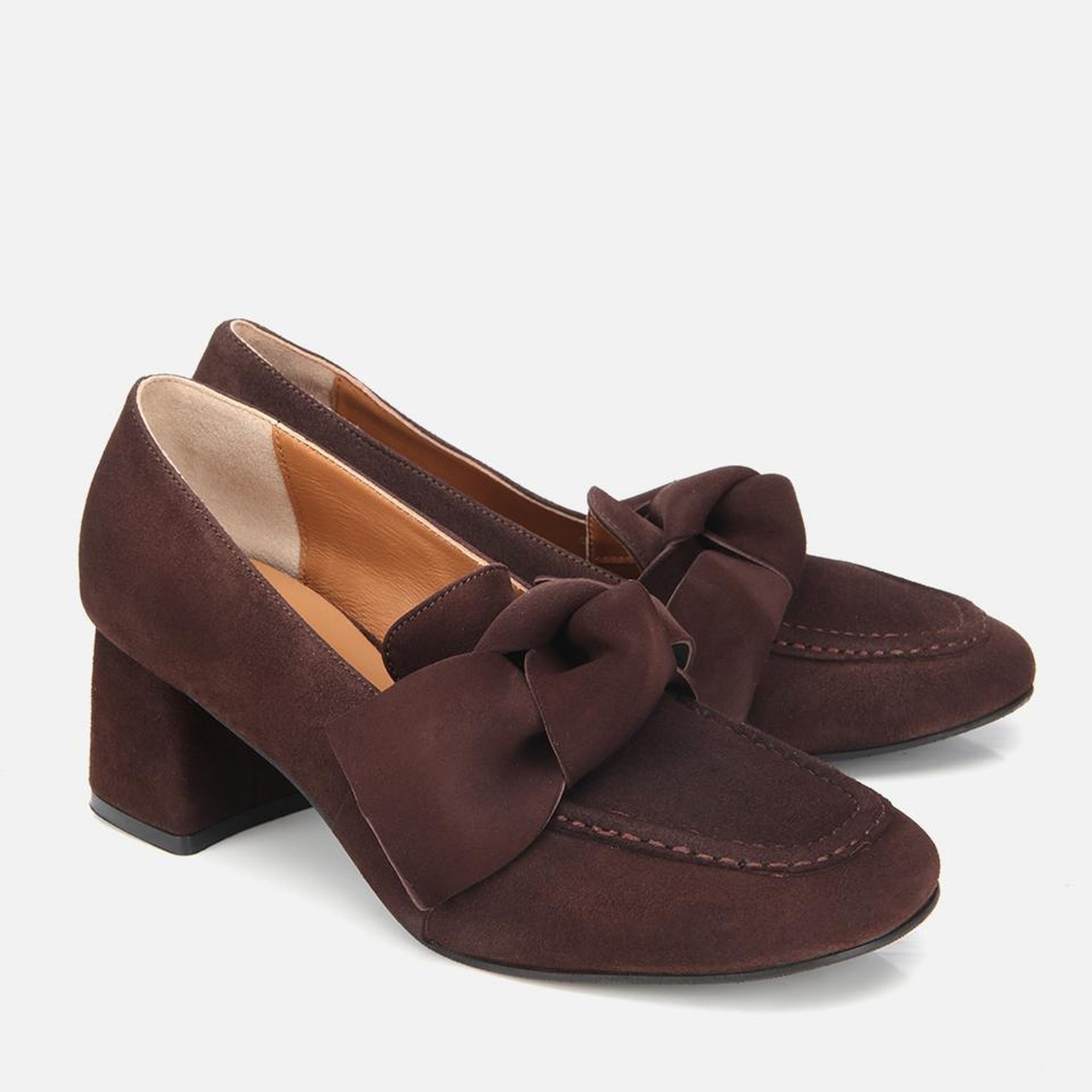 Kadın Süet Kahverengi Fiyonk Detaylı Kalın Topuklu Ayakkabı