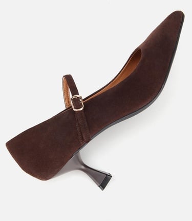  Kadın Süet Deri Mary Jane Kahverengi İnce Bantlı Stiletto