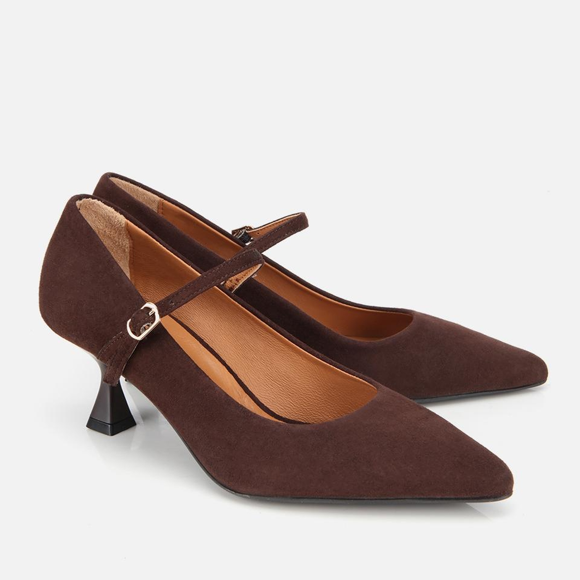 Kadın Süet Deri Mary Jane Kahverengi İnce Bantlı Stiletto