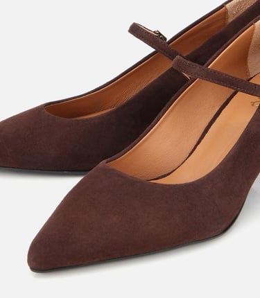  Kadın Süet Deri Mary Jane Kahverengi İnce Bantlı Stiletto