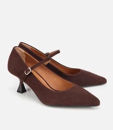  Kadın Süet Deri Mary Jane Kahverengi İnce Bantlı Stiletto