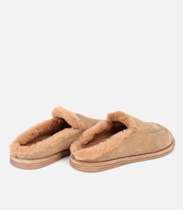  Kadın Süet Deri Bej İçi Kürklü Düz Günlük Terlik