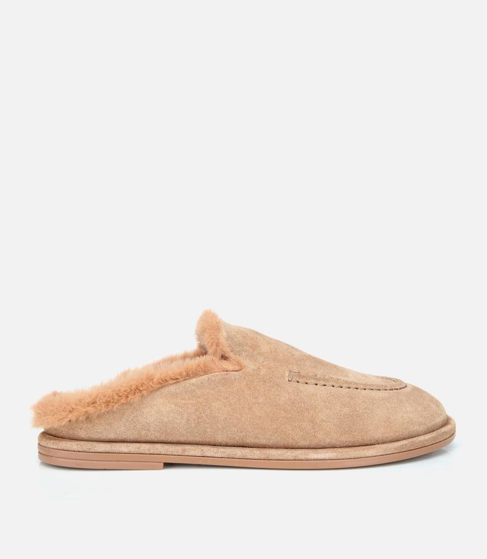  Kadın Süet Deri Bej İçi Kürklü Düz Günlük Terlik