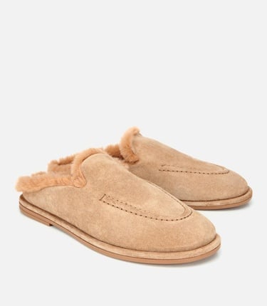  Kadın Süet Deri Bej İçi Kürklü Düz Günlük Terlik