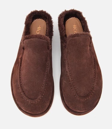  Kadın Süet Deri Kahverengi İçi Kürklü Düz Günlük Terlik