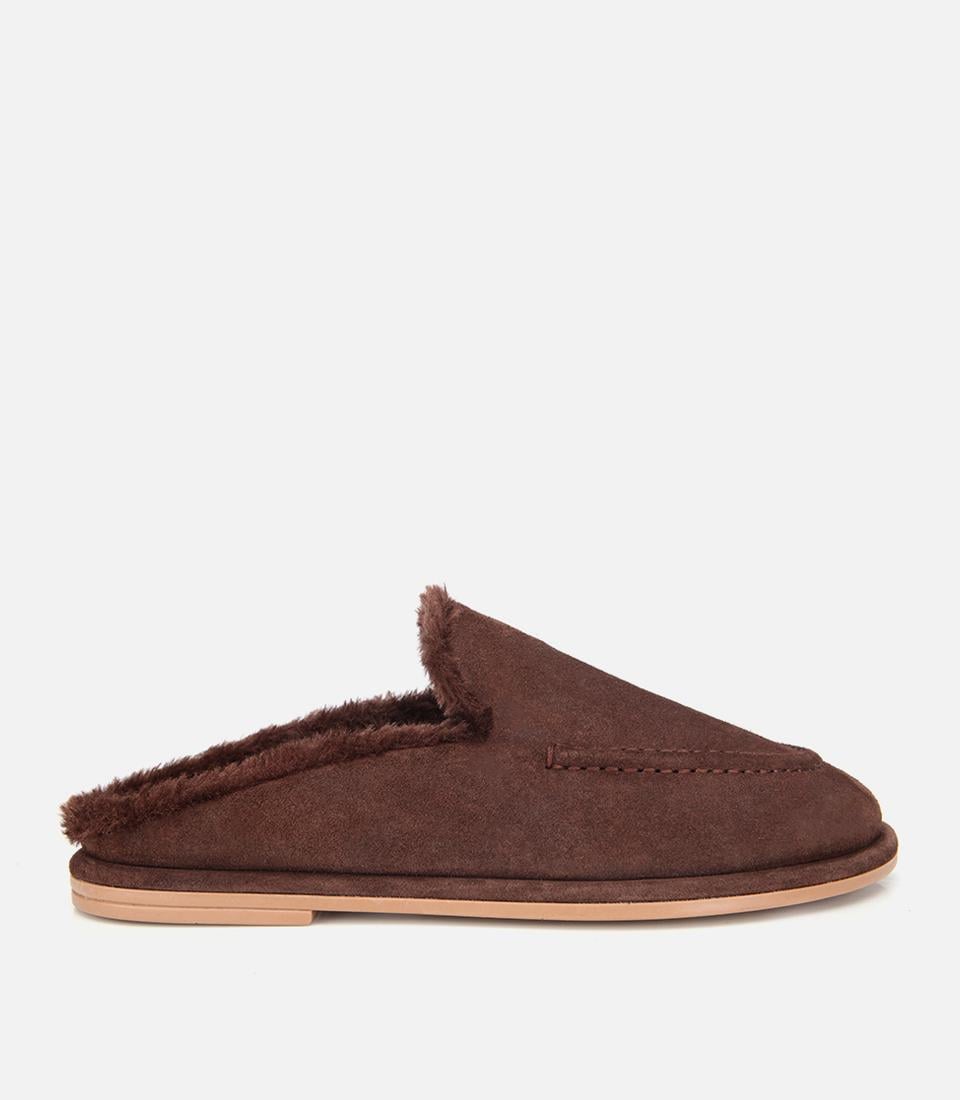  Kadın Süet Deri Kahverengi İçi Kürklü Düz Günlük Terlik