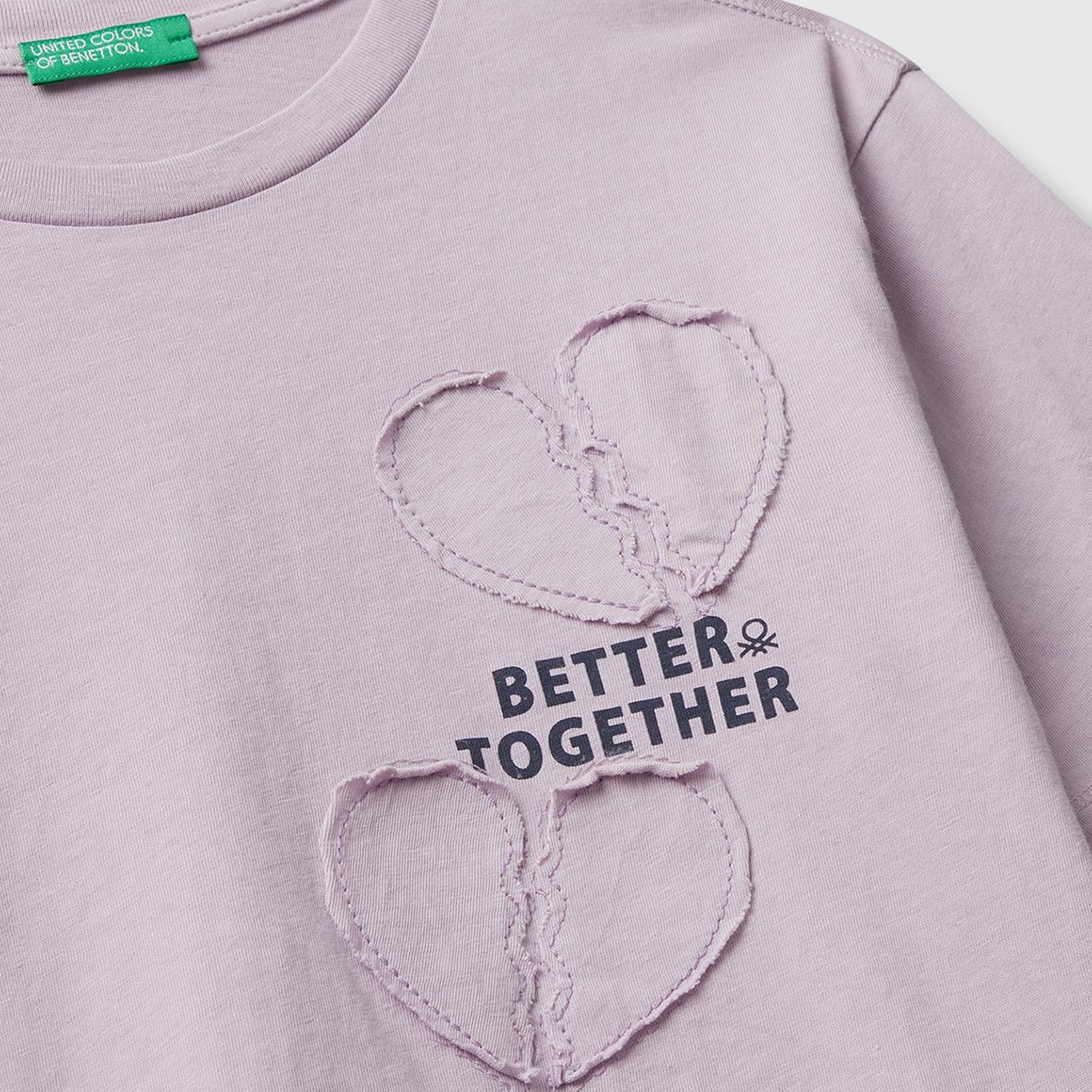 Kız Çocuk Lila Önü Baskılı Aplikeli Ribana Yakalı Relaxed Fit T-shirt