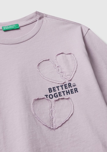  Kız Çocuk Lila Önü Baskılı Aplikeli Ribana Yakalı Relaxed Fit T-shirt