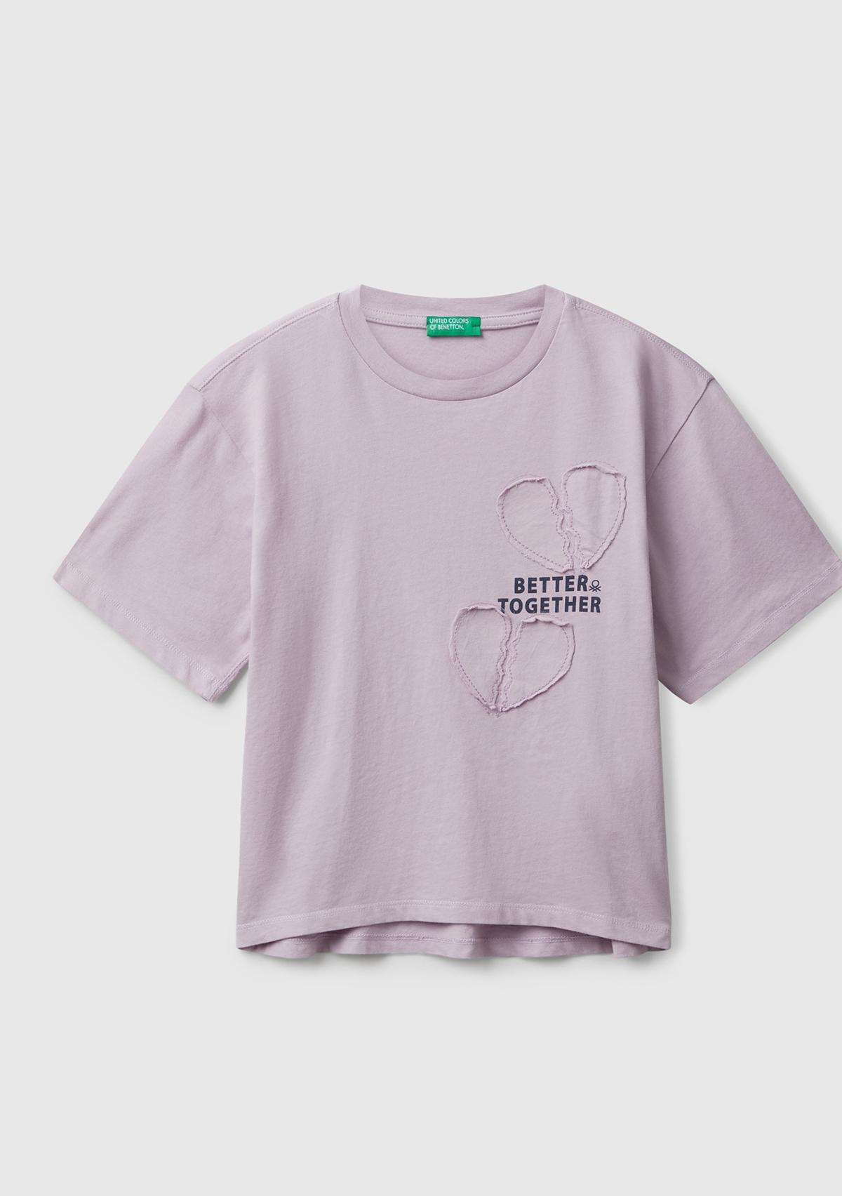  Kız Çocuk Lila Önü Baskılı Aplikeli Ribana Yakalı Relaxed Fit T-shirt