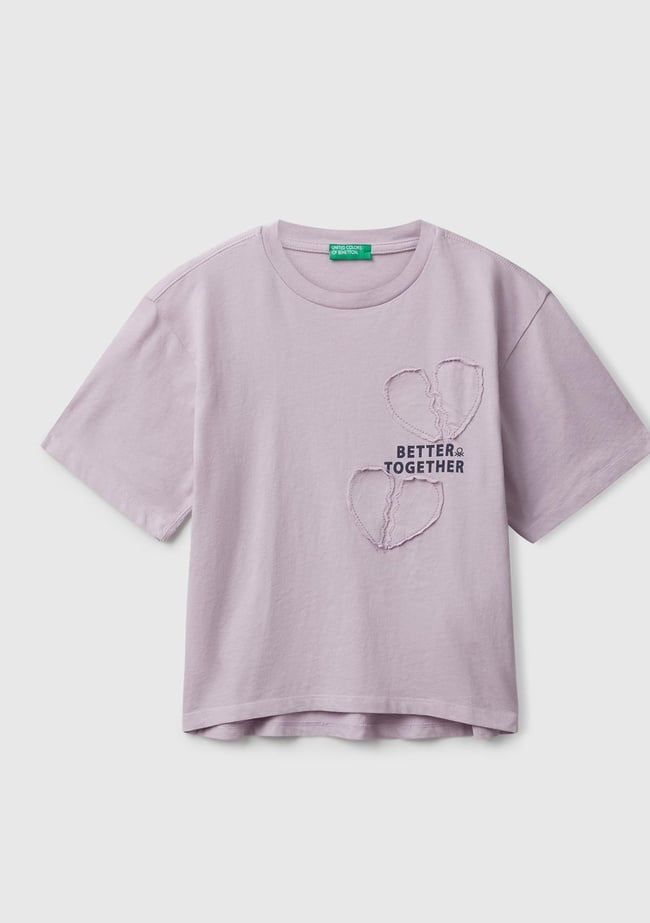  Kız Çocuk Lila Önü Baskılı Aplikeli Ribana Yakalı Relaxed Fit T-shirt