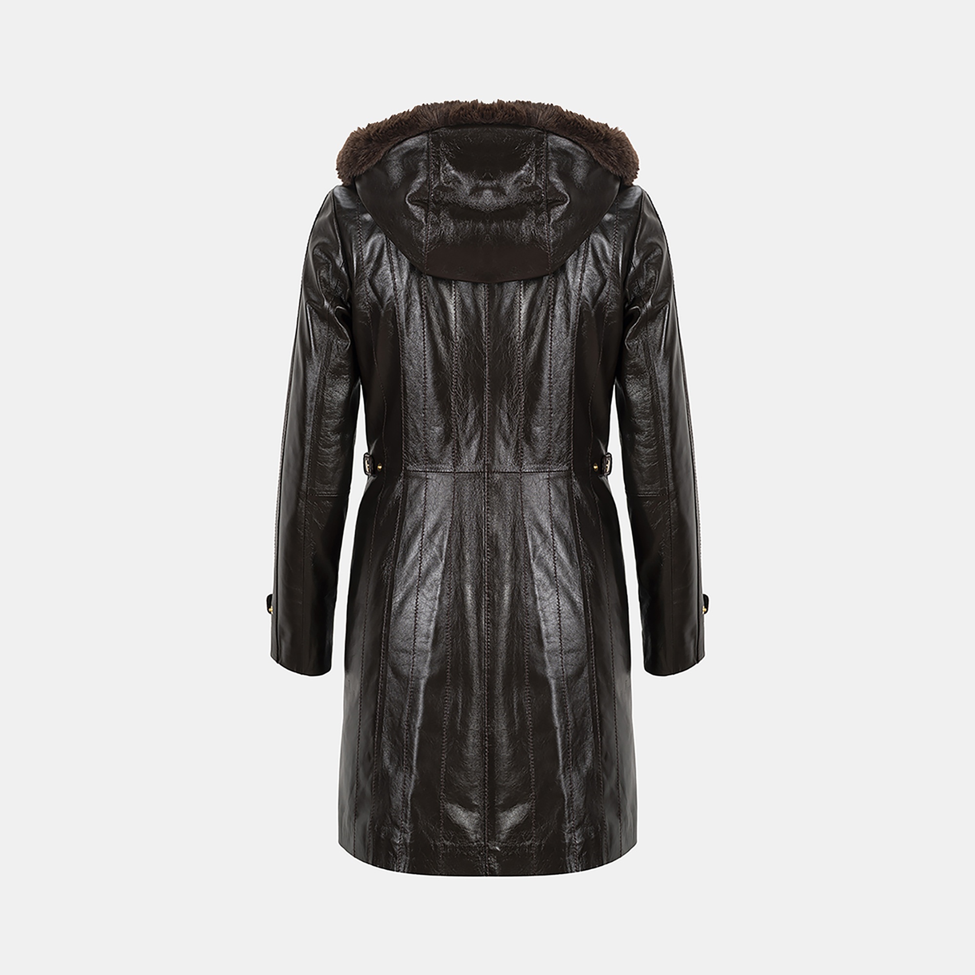 Kadın Koyu Kahve Hakim Yakalı Kapüşonlu Deri Kaban