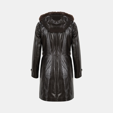  Kadın Koyu Kahve Hakim Yakalı Kapüşonlu Deri Kaban