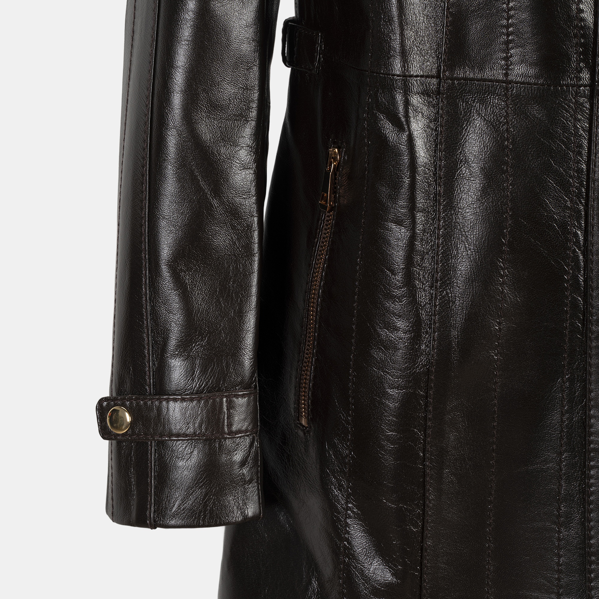 Kadın Koyu Kahve Hakim Yakalı Kapüşonlu Deri Kaban