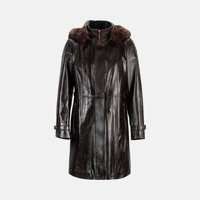  Kadın Koyu Kahve Hakim Yakalı Kapüşonlu Deri Kaban