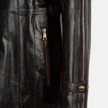  Kadın Koyu Kahve Hakim Yakalı Kapüşonlu Deri Kaban