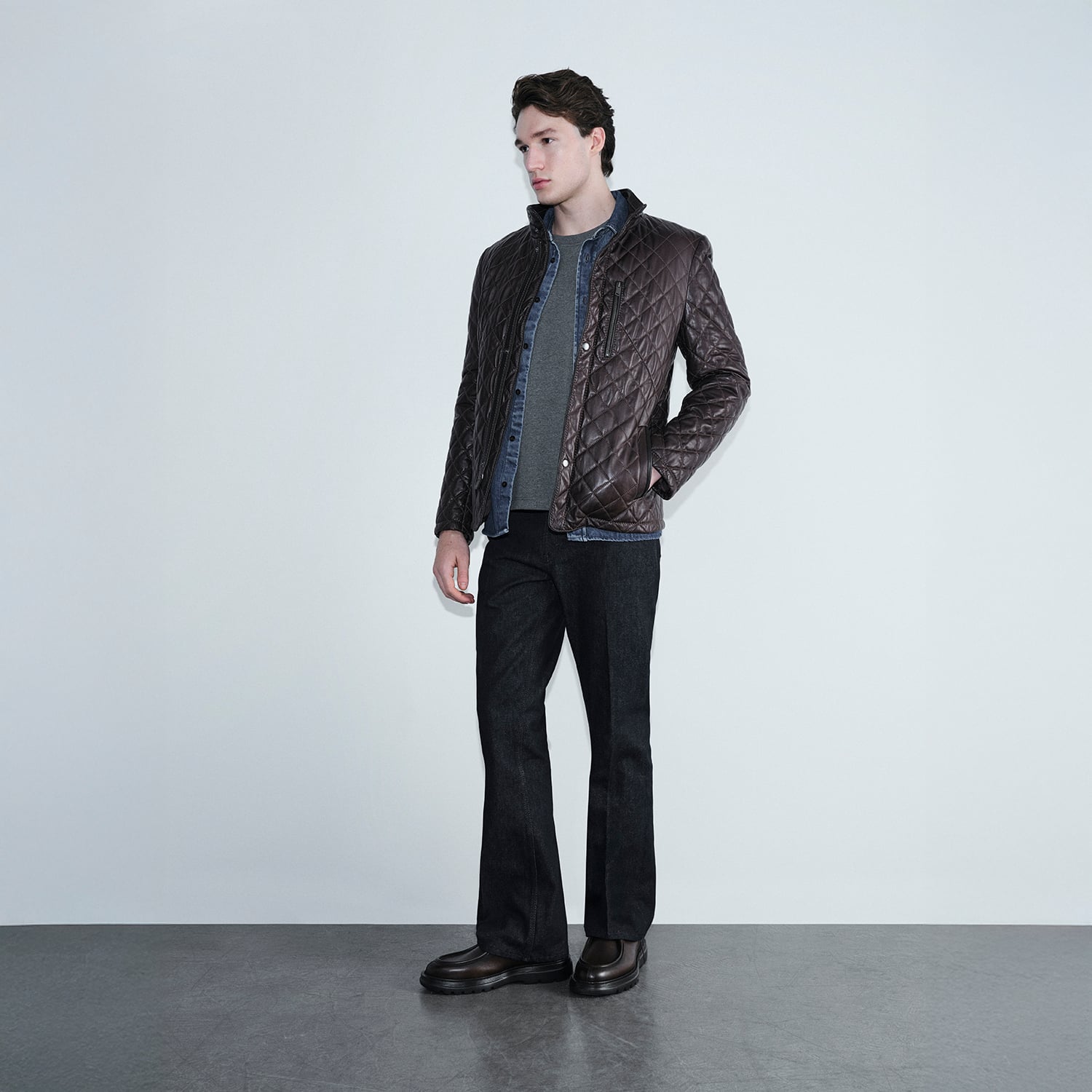  Erkek Koyu Kahve Kapitone Deri Ceket