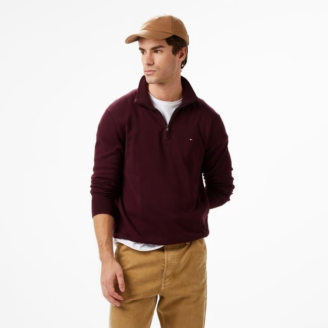  Tommy Hilfiger Essential Mock Erkek Kırmızı Yarım Fermuarlı Triko